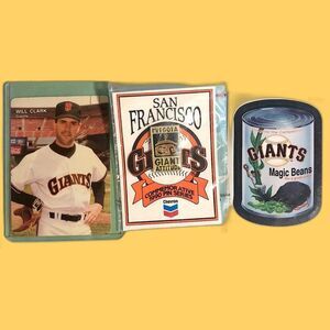 SF Giants '90 'I've Got a Giant Attitude' pin &  Wacky Sticker & Will Clark card